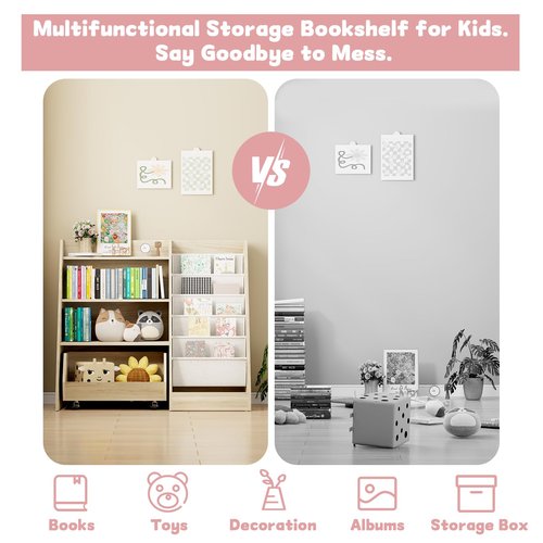 COZPAW Kids Bookshelf and Toy Storage, 4 Tier Toddler Bookshelf with Movable Drawer 5 Sling Pockets, Montessori Book Shelf for Kids Room, Playroom, Nursery (Oak)