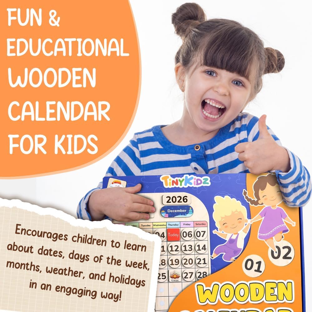 TinyKidz Wooden Calendar - Educational Toddler Calendar for Home & Classroom | Months & Days Learning Tool