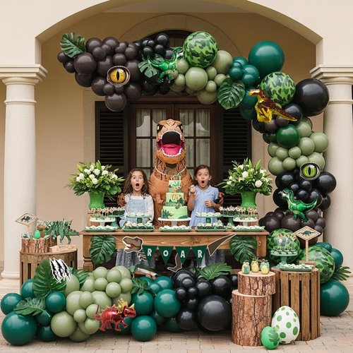 Dinosaur Birthday Party Decorations Includes Green and Brown balloon arch & Cute Small dino Foil balloons & Banner Footprint Sticker for kids jungle Safari dino ROAR Themed Supplies