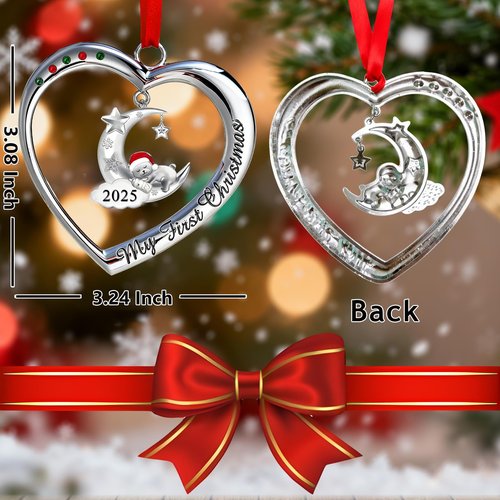Baby's First Christmas Ornament 2025 My 1st Christmas Decorations 2025 Newborn Keepsake Gifts for Girl Boy Silver Heart with Hanging Bear Moon Star