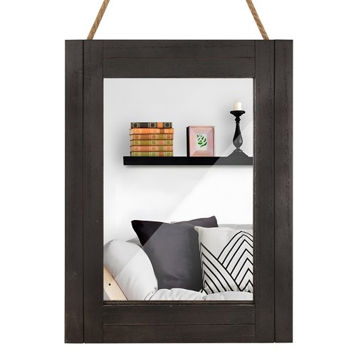 DECORKEY Rectangle Wall Mirror for Bathroom, Distressed White Wood Decor with Hanging Rope for Rustic Home Decor, Vanity, Living Room 12"×16"（Black）