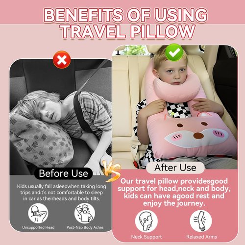 Longhuo Travel Pillow,Car Pillow Kids Car Seat Pillow U Shaped Pillow for Travel Skin-Friendly Material The Sleeping Aid for Adults and Kids on Road Trips (Pink)