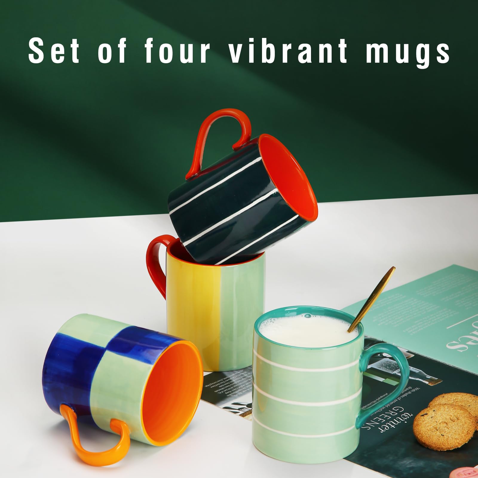 Koja 16 oz Premium Hand Painted Porcelain Ceramic Mug Set, Large Coffee & Tea Mugs, Elegant Decorative Durable Stoneware Microwave Safe Drinkware for Home Kitchen, Great Coffee Lovers Gift, 4-Pack