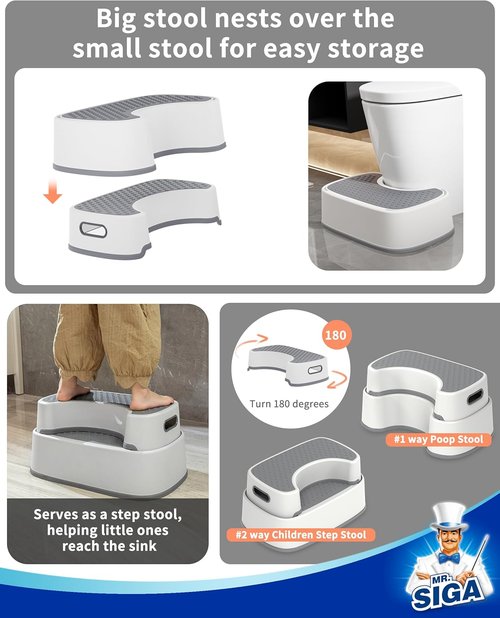 MR.SIGA Toilet Stool - Heavy Duty Anti-Slip Bathroom Step for Adults & Kids | Off-White & Dark Gray
