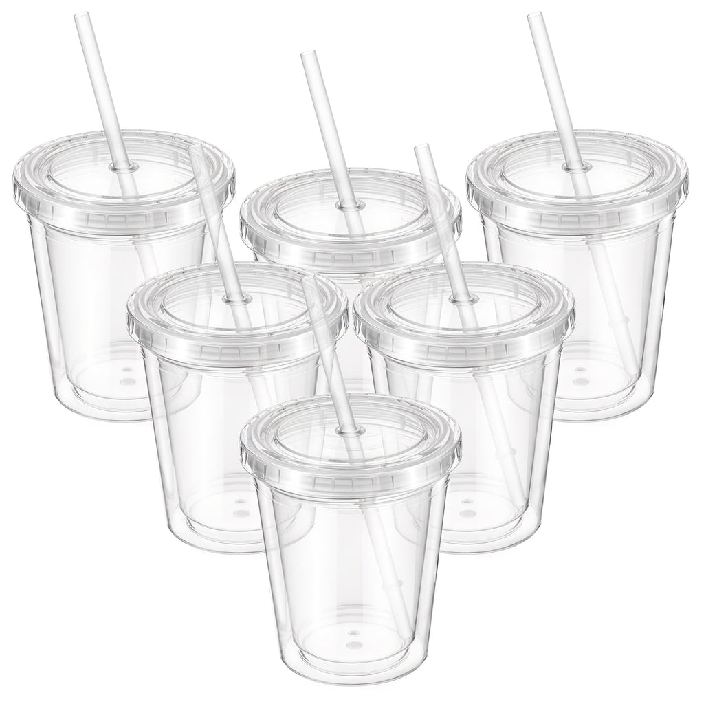 wutfuooo 6 Pcs Clear Tumblers with Lid and Straw for Kids, 12 oz Insulated Acrylic Double Wall Cups Toddlers Reusable Plastic Cup Kids Bulk