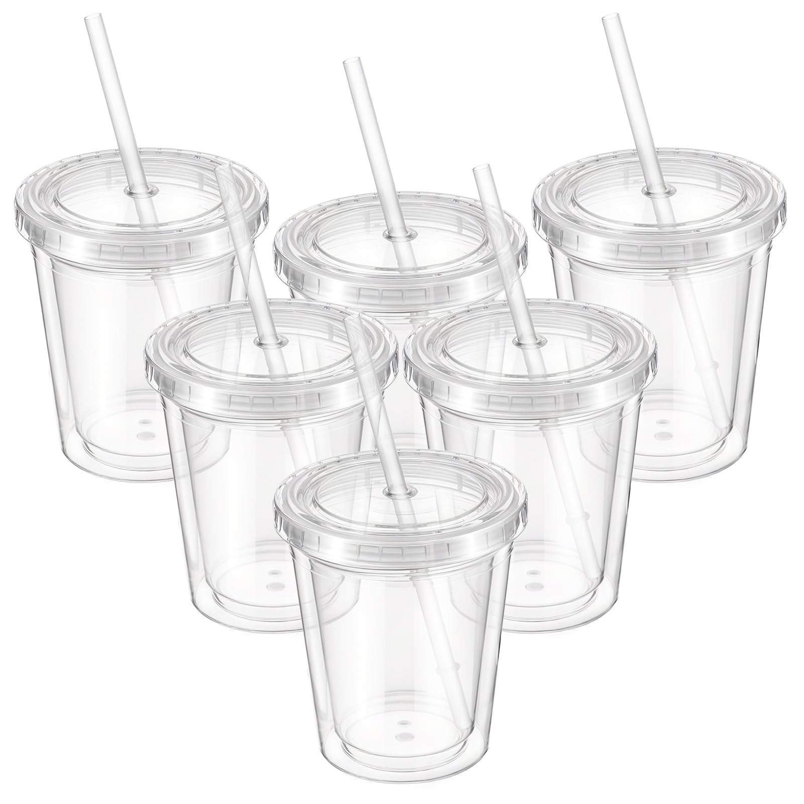 wutfuooo 6 Pcs Clear Tumblers with Lid and Straw for Kids, 12 oz Insulated Acrylic Double Wall Cups Toddlers Reusable Plastic Cup Kids Bulk