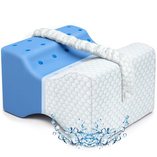 KingPavonini Cooling Knee Pillow for Side Sleepers, Gel Memory Foam Leg Pillows for Side Sleeping with Ice Silk Cover and Strap, Knee Pillow for Back Hip Pain, Spine Aligning, Sciatica, Pregnancy
