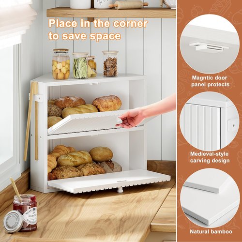 WOWLIVE Corner Bread Box for Kitchen Countertop, Large Vintage Bread Storage Container Bin for Homemade Bread, Double Layer Farmhouse Bread Holder for Kitchen, Cabinet, Pantry (White, Medium)