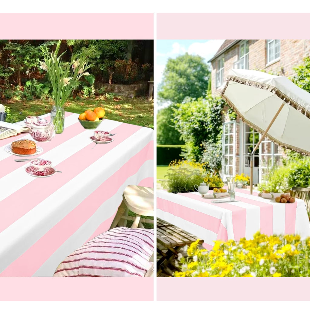 2 Pack Pink and White Striped Tablecloth Rectangle 60x84inch Polyester Fabric Washable Table Cloth for Afternoon Tea Birthday Party Picnic Barbecue Gathering Indoor Outdoor Dining Table Decor