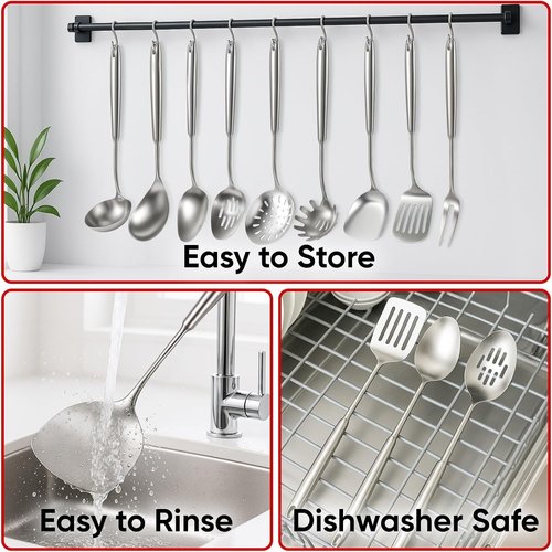 Newness 9-Piece Stainless Steel Cooking Utensils Set | Durable Metal Kitchen Tools, Dishwasher Safe
