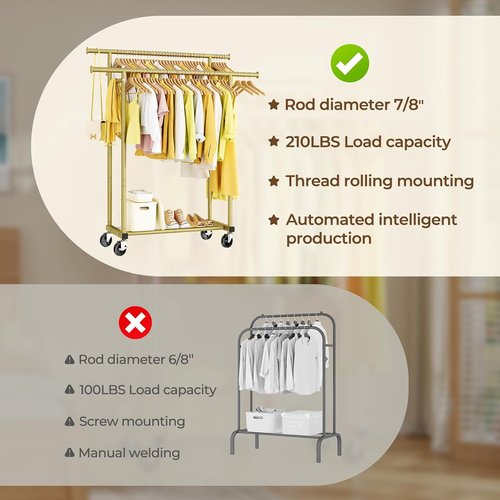 HYSEYY Double Rod Clothes Rack - Sturdy Portable Garment Rack for Hanging Clothes | Gold Finish