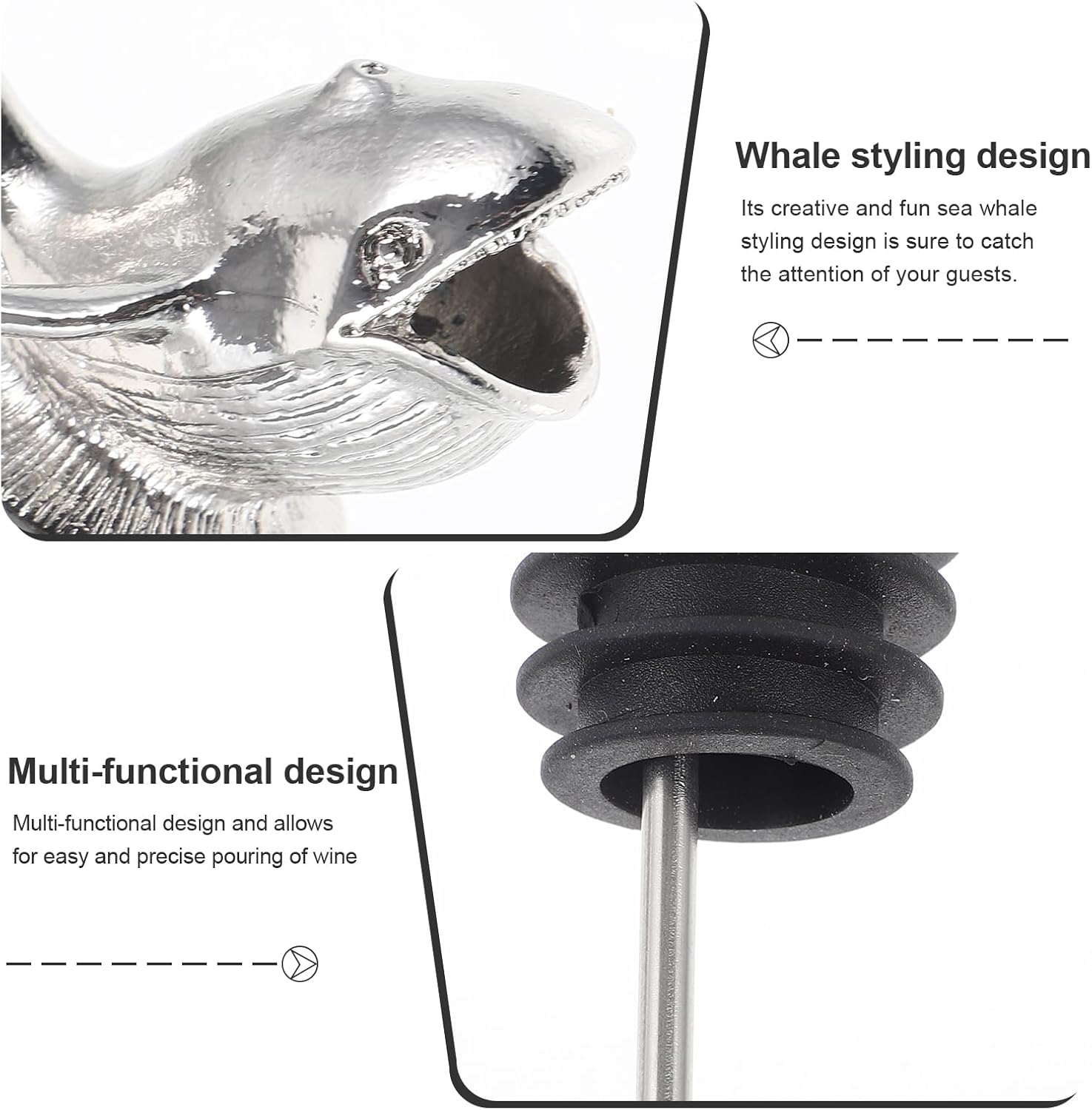 Sea Whale Wine Pourer, Zinc Alloy Silver Wine Spout, Aerator for Red and White Wine, Home Bar Accessory, Smooth Pouring, Enhances Flavor and Aroma