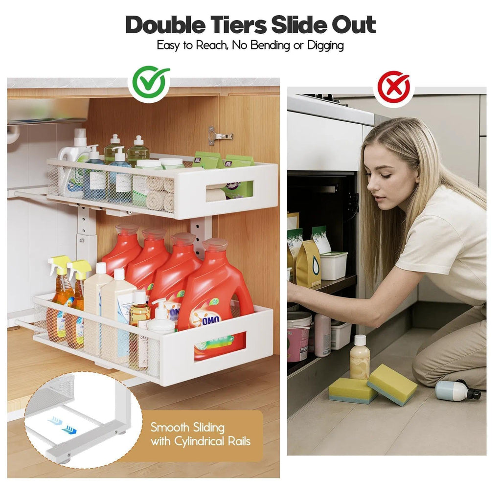 Under Sink Organizer, 2-Tier Dual Pull Out Cabinet Organizer Drawers With Smooth Circular Rail, Large Capacity Metal Mesh Sliding Shelves For Bathroom& Kitchen Storage,Height Adjustable–White,2 Packs