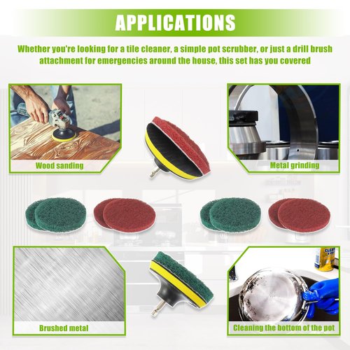 EPLZON 4 Inch Scrub Drill Brush Power Scouring Pads Household Cleaning Set for Kitchen Bathroom 4 Red Pads 4 Green Pads 1 Drill Attachment and 1 Universal Shaft