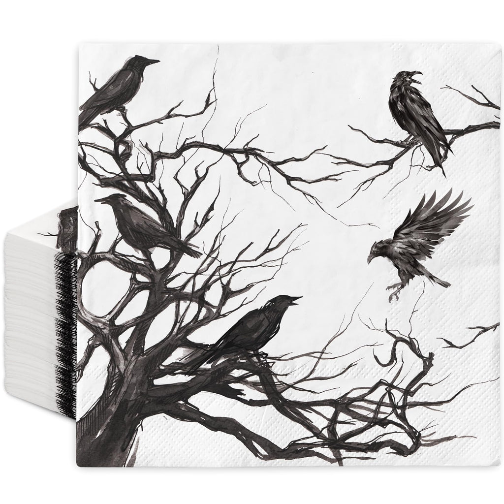 Generic 50Pcs Halloween Paper Napkins Disposable Silhouette Tree Crows Luncheon Napkins Black Dinner Hand Napkin for Party Supplies Table Decor