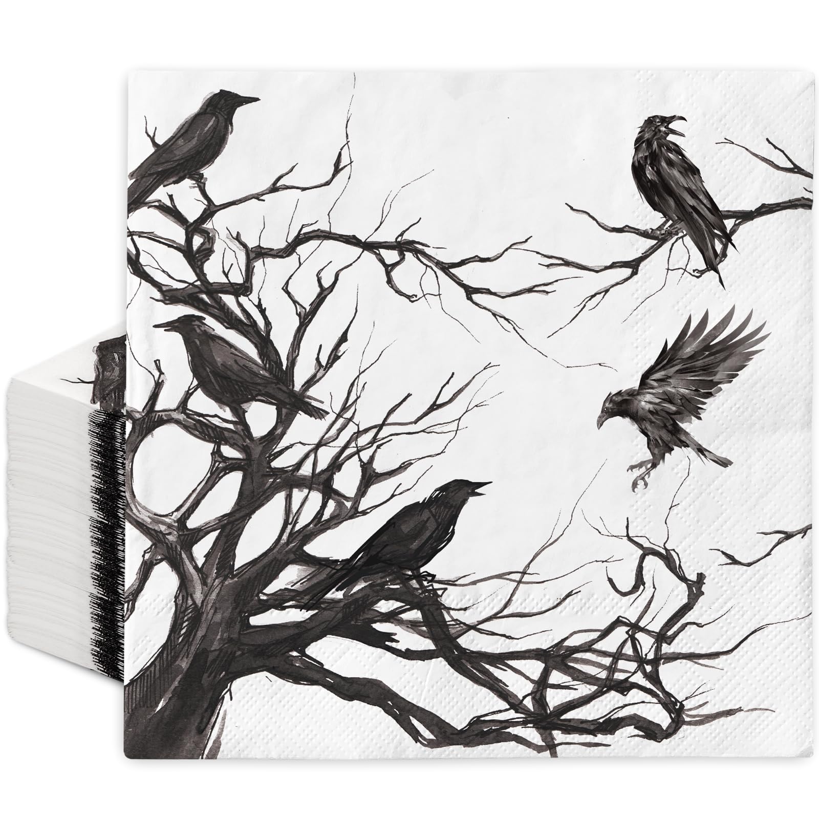Generic 50Pcs Halloween Paper Napkins Disposable Silhouette Tree Crows Luncheon Napkins Black Dinner Hand Napkin for Party Supplies Table Decor