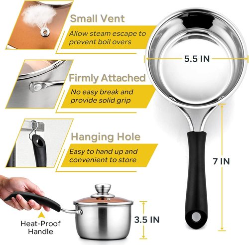 E-far 1 Quart Stainless Steel Saucepan with Glass Lid - Easy Clean & Rust-Free Cookware