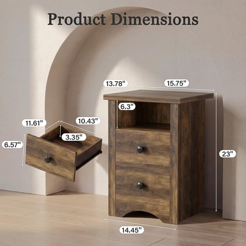 YESHOMY Nightstand Set of 2, Farmhouse Night Stand with 2 Storage Drawers and Open Shelf, Bedside Tables for Bedroom Small Space, Rustic Brown