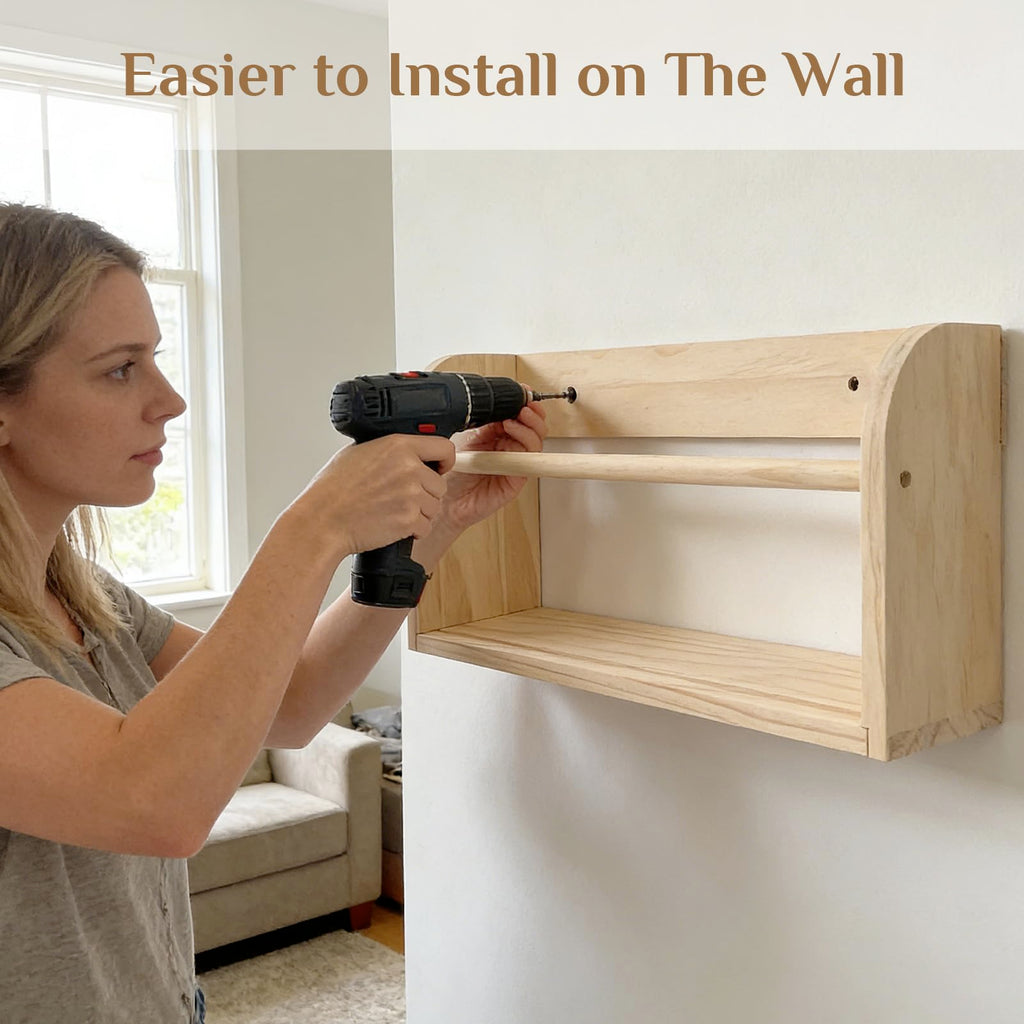 Walasis Nursery Book Shelves for Wall: Solid Pine Wood Wall Mounted Bookcase with Anti-Drop Bar for Kids' Room Easy Installation with Back Panel (Natural)