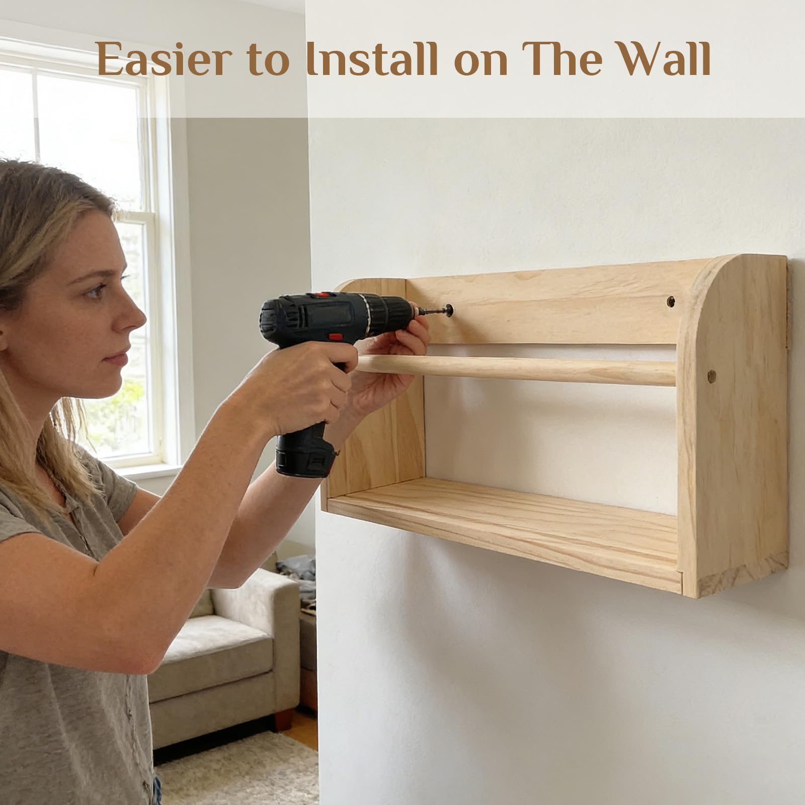 Walasis Nursery Book Shelves for Wall: Solid Pine Wood Wall Mounted Bookcase with Anti-Drop Bar for Kids' Room Easy Installation with Back Panel (Natural)