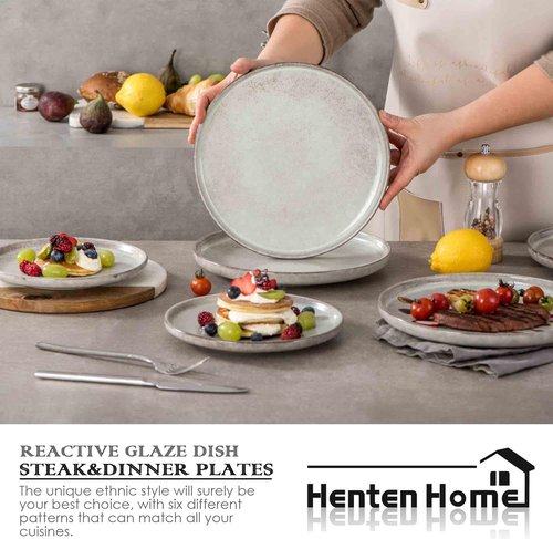 Henten Home 10-Inch Ceramic Dinner Plates - Set of 4 Fluted Porcelain Steak Plates | Scratch Resistant (Grey)