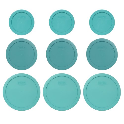Pyrex (3) 7200-PC 2-Cup, (3) 7201-PC 4-Cup, and (3) 7402-PC 6/7-Cup Turquoise Lids - Made in USA