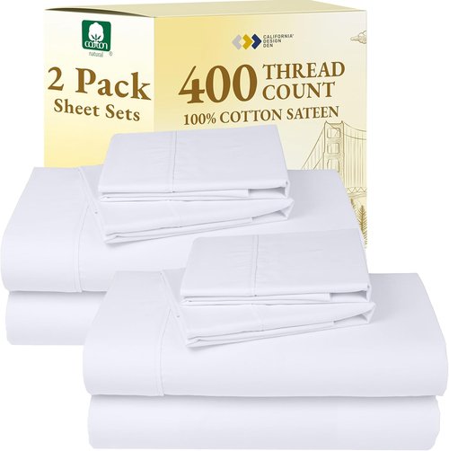 California Design Den Cal King Bedsheet Set - 400 Thread Count Sateen Cotton | Soft, Breathable, Deep Pocket - White (2-Pack)