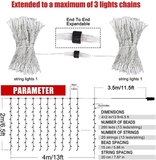 HEYFUNi Curtain Lights - 13ft x 6.5ft Safety Window Icicle String Lights | 30V, 8 Modes for Christmas & Weddings