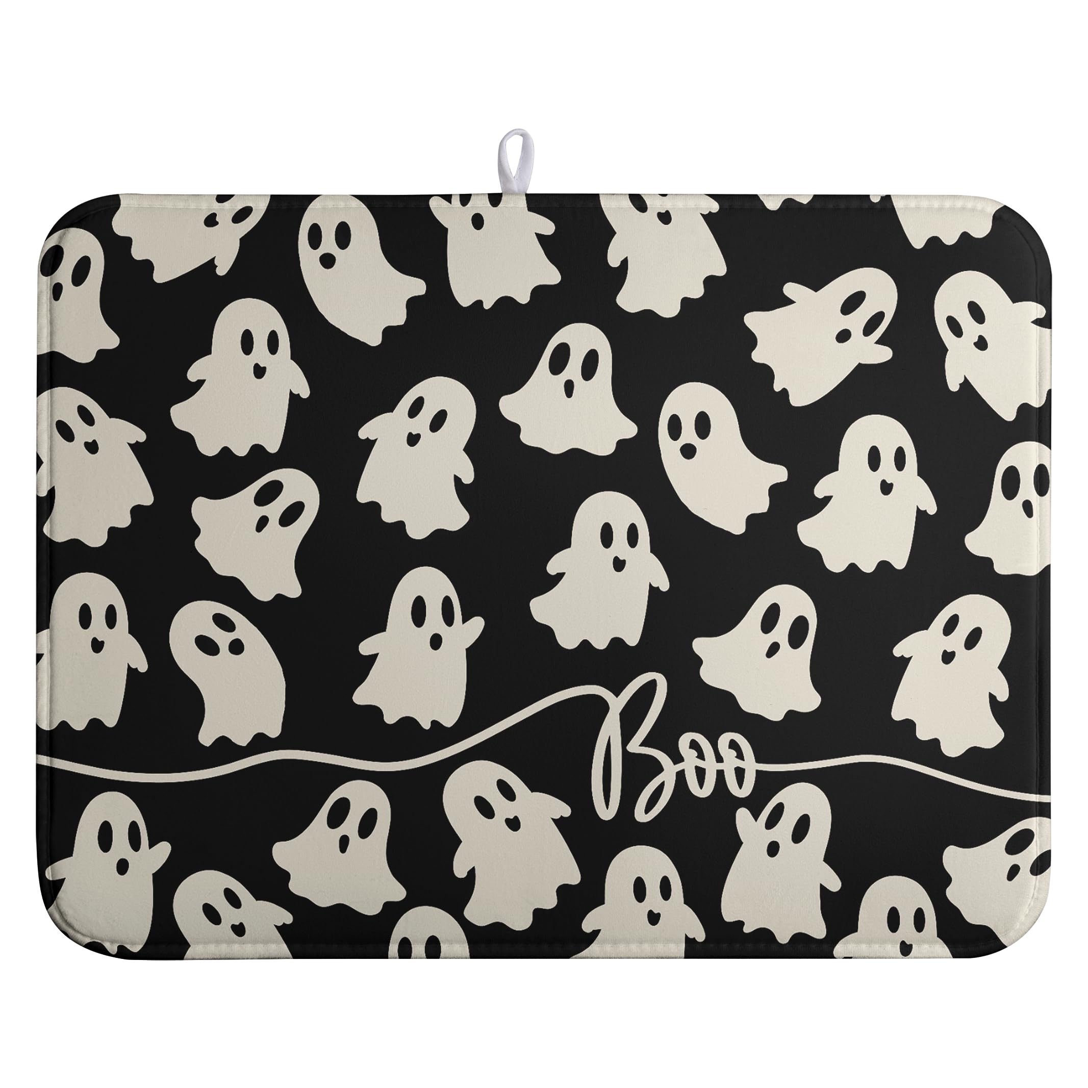 Halloween Ghosts Dish Drying Mat Black and White Large Kitchen Mats Dish Drying Pad Absorbent Dish Dryer Mat for Kitchen Countertops Microfiber Drainer Pad Dish Drying Mats (18x24 in)