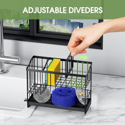 DYFVPOU Kitchen Sink Caddy, 2-Tier Self-Draining Sponge & Dish Brush Holder, Rustproof 304 Stainless Steel Space-Saving Organizer with Drying Tray, Black