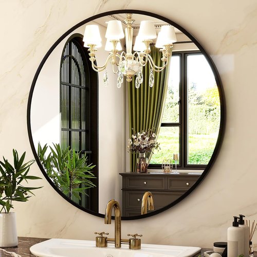 HARRITPURE 28" Round Mirror - Black Bathroom Mirror Circle Wall Mirror with Brushed Aluminum Alloy Frame Modern Decor for Living Room, Vanity, Bedroom, Entryway