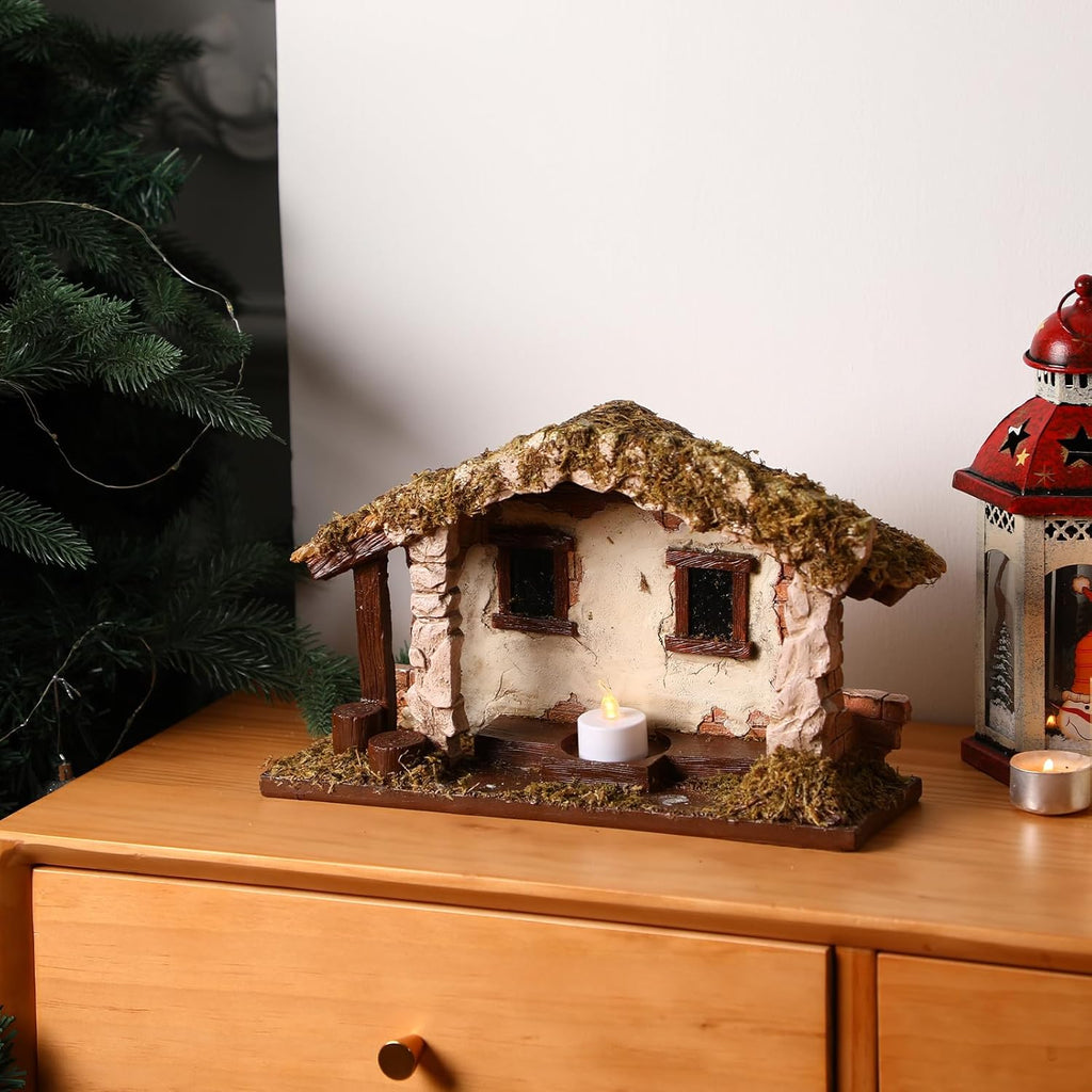 Barydat Christmas Nativity Creche - Realistic Resin Manger with Moss Roof | 10 x 7.87 x 5 Inches