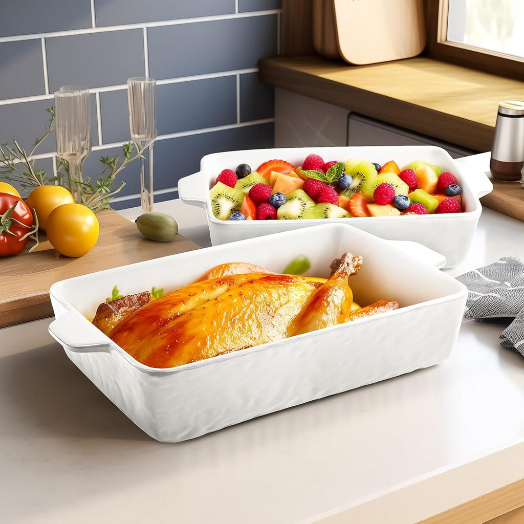 Regine Switzerland Casserole Dishes - Ceramic Baking Pan Set of 3 | Deep Lasagna Dish with Handles (11.6" x 7.8", White)
