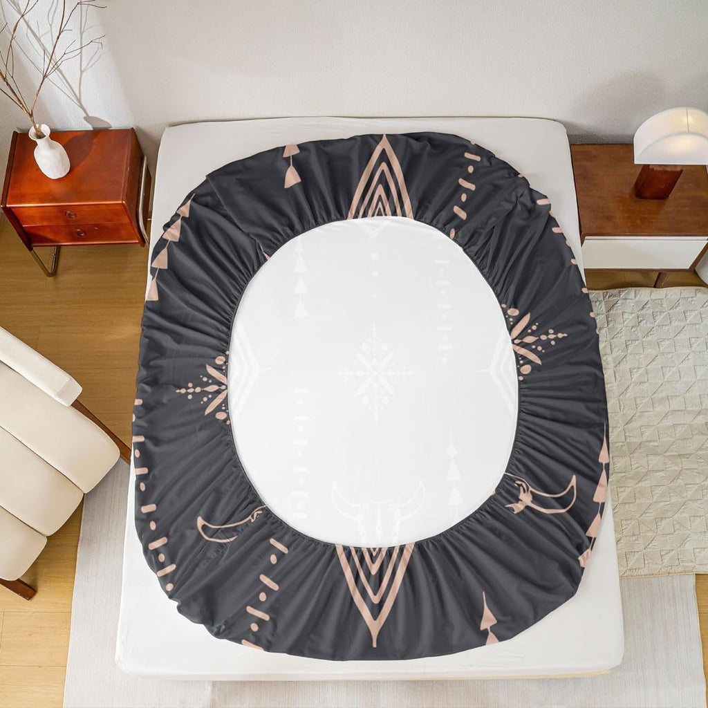 Bull Skull Bed Sheets Set King Boho Sheet Set Ethnic Horns Bohemian Sheets Brown Tribal Symbol Mysterious Aztec Bedroom Decor Abstract Geometric Flat Fitted Sheet for Men Boys