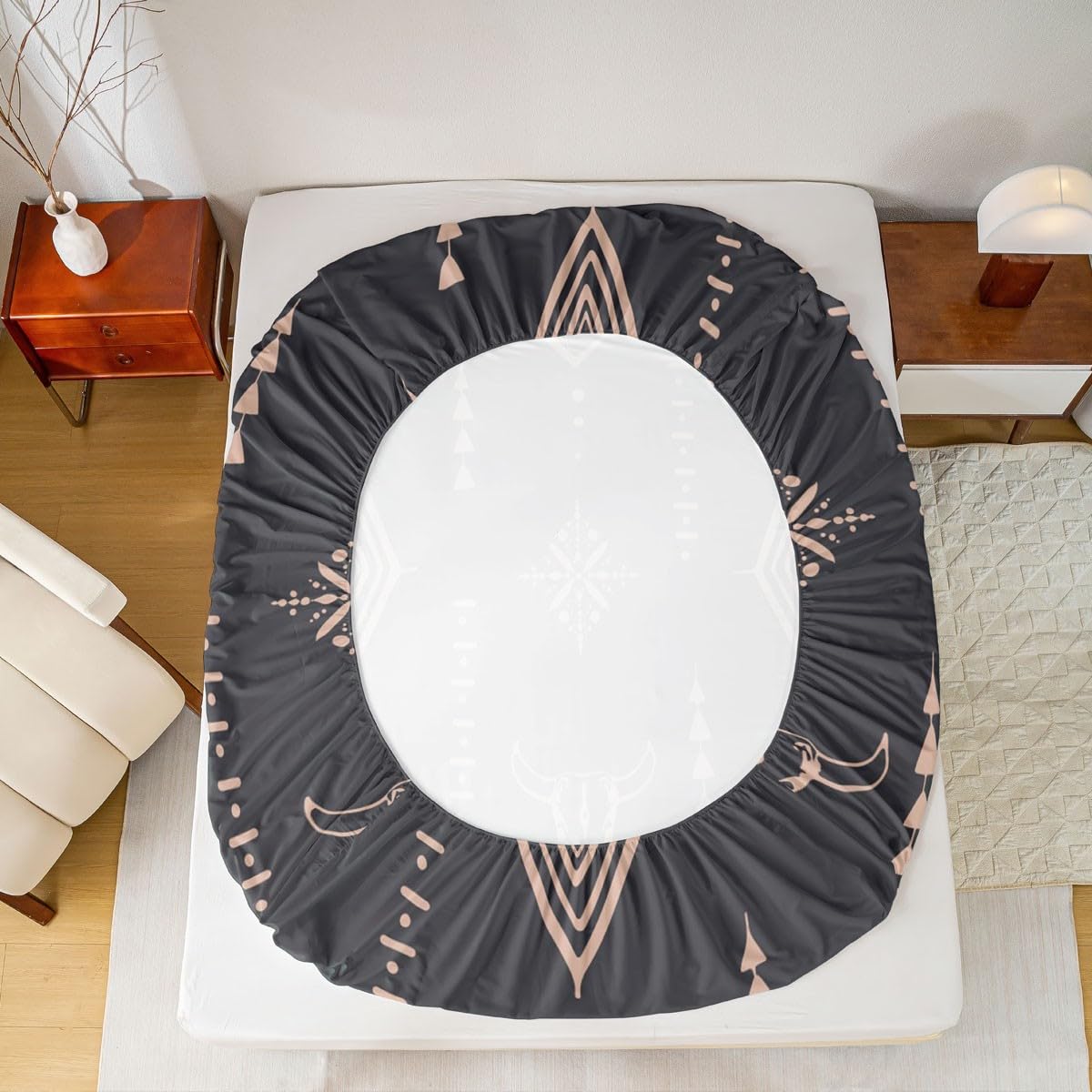 Bull Skull Bed Sheets Set King Boho Sheet Set Ethnic Horns Bohemian Sheets Brown Tribal Symbol Mysterious Aztec Bedroom Decor Abstract Geometric Flat Fitted Sheet for Men Boys