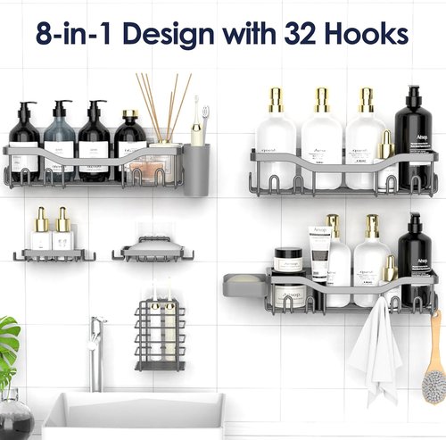 NESOMI Shower Caddy - Rustproof Stainless Steel Adhesive Organizer | 8-Pack Large Capacity Storage with Soap Dish & Hooks
