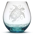Integrity Bottles Tribal Sea Turtle Design Stemless Wine Glass, Handmade, Handblown, Hand Etched Gifts, Sand Carved, 18oz (Bubbly Teal)