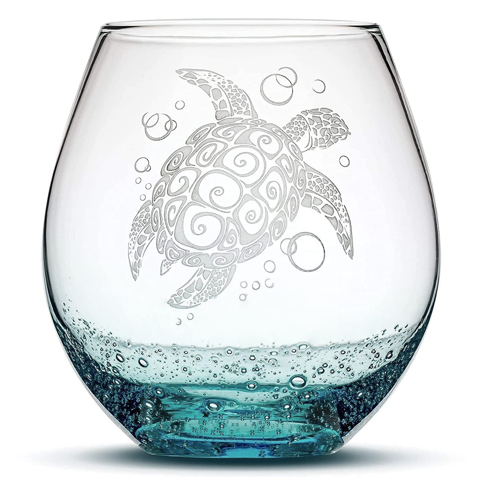 Integrity Bottles Tribal Sea Turtle Design Stemless Wine Glass, Handmade, Handblown, Hand Etched Gifts, Sand Carved, 18oz (Bubbly Teal)