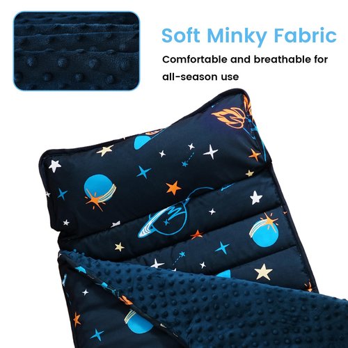 david's kids Minky Toddler Nap Mat with Removable Pillow and Minky Fleece Blanket, Soft Slumber Bags for Boys, Perfect for Preschool, Daycare, Kids Sleeping Bags with Rollup Design, 50"x20", Space