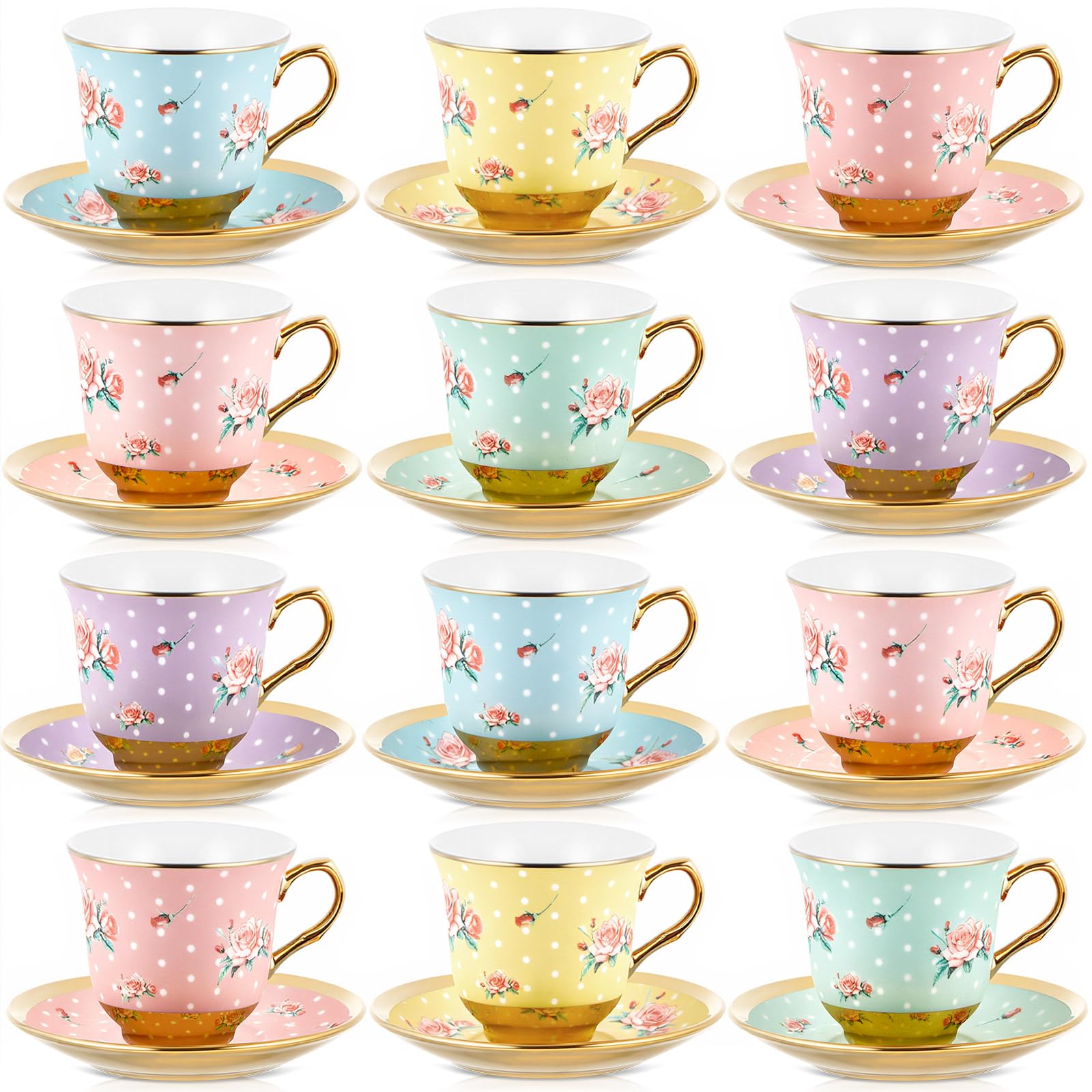 Teenyyou Set of 12 Tea Cups and Saucers Tea Party Decorations Floral Porcelain 5.4 oz British Gift for Women Birthday Party, Church, and Mother's Day (Vintage Style)