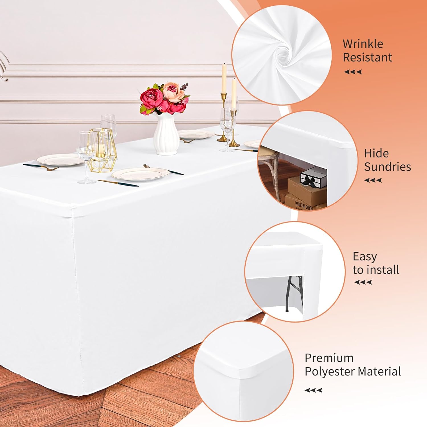 Skiennix 4-Pack White Fitted Tablecloths - Washable Polyester for 6-Foot Rectangle Tables (72" x 30")