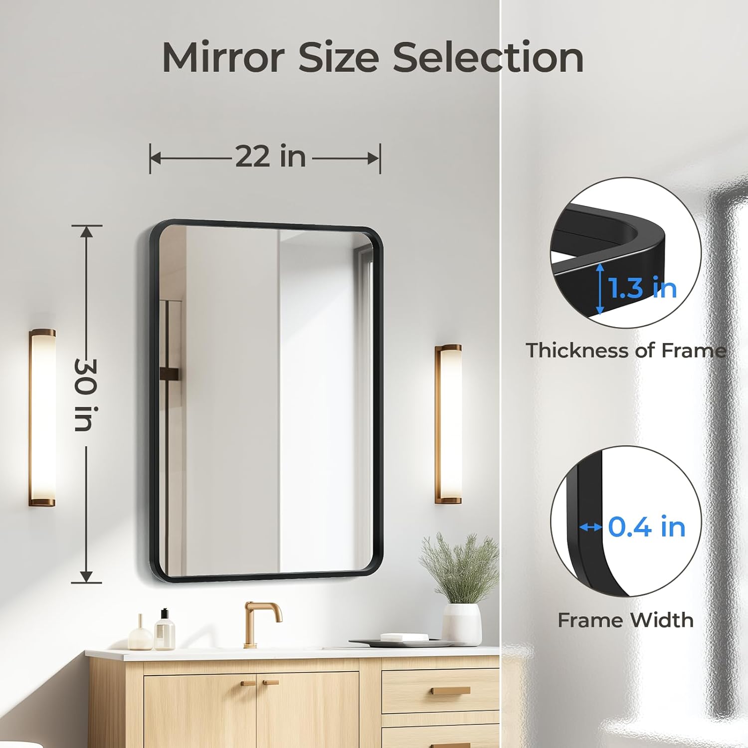 USHOWER Black Bathroom Mirror - 22 x 30 Inch Matte Black Rectangle Wall Mirror with Rounded Metal Frame