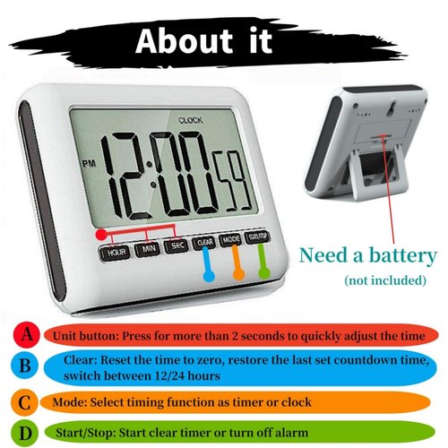 Magnetic Clock Digital Small for Fridge Stove with Clip Kitchen Timer Clocks Large Screen Loud Alarm 12/24 Hour Multi-Functional Countdown for Baking Sports Office Classroom 3.34x2.83 Inches Black