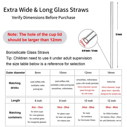 Extra Wide 12mm Glass Straws - 12 Inch Reusable Straws for 40oz Tumblers, Borosilicate Drinking Straws for Smoothies & Thick Drinks, Shatter Resistant, BPA Free, Clear