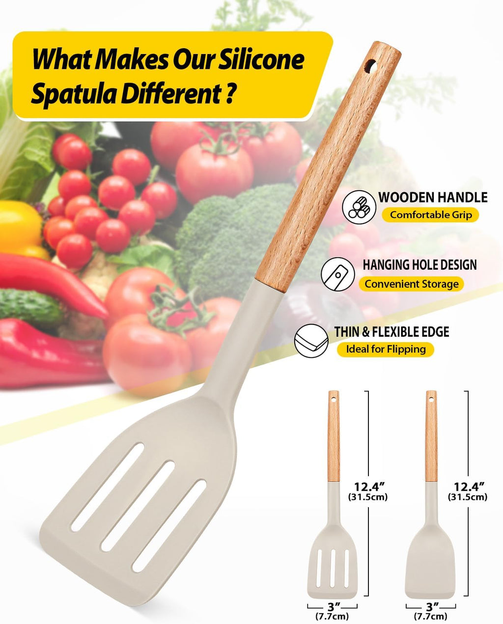 Skiennix Silicone Cooking Spatula Set - Heat Resistant Non-Stick Slotted Turner | Pack of 2 with Wooden Handles