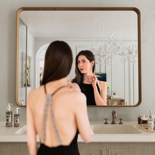 LOAAO Bathroom Mirror - 40x24 Inch Rounded Rectangle with Wood Grain Metal Frame | Anti-Rust, Versatile Hanging Options