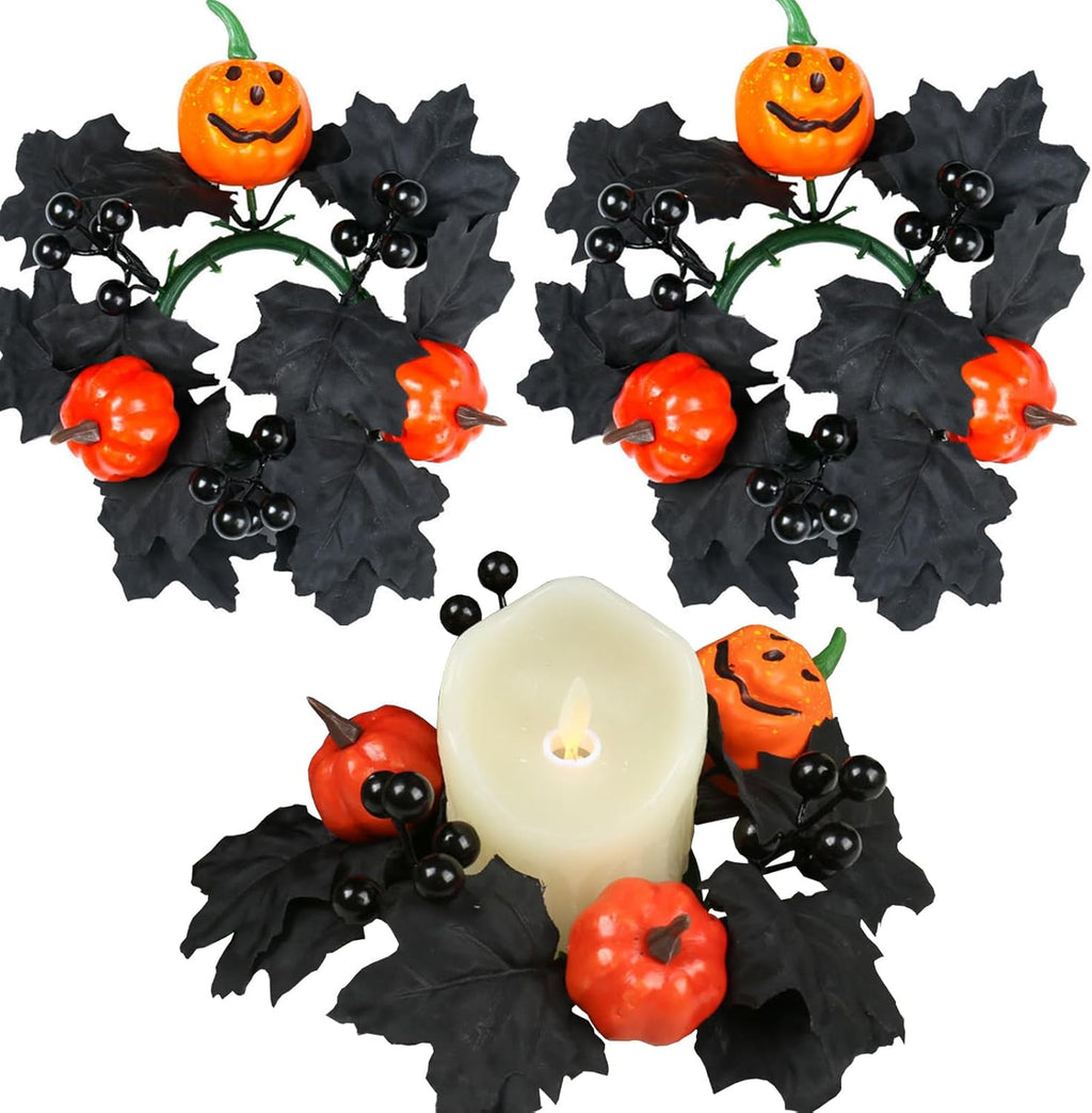 Skiennix Halloween Candle Rings - Black Artificial Maple Leaf & Pumpkin Holders | 2-Piece Set for Festive Decor