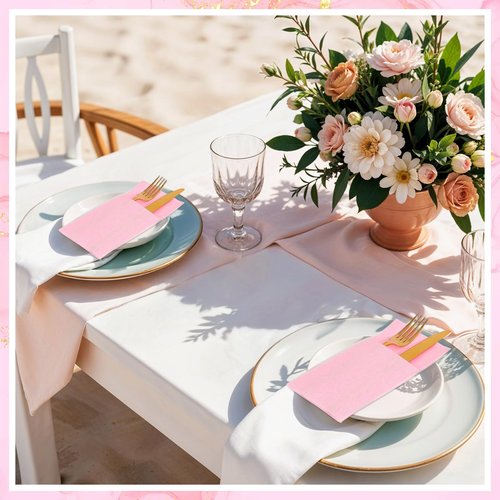 60 Pcs Pink Linen-Feel Paper Napkins with Built-in Flatware Pocket, Mother's Day Pocket Linen Napkin Prefolded Cloth Like Paper Napkins Bulk for Anniversay Wedding Baby Shower Birthday Bridal Party