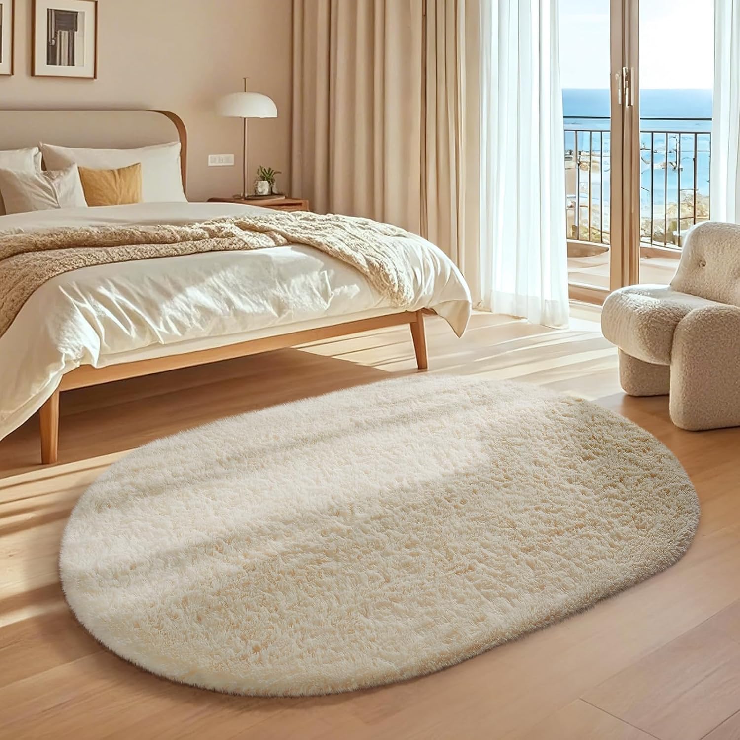 Ophanie 4x6 Oval Ivory Rug - Plush Soft Shaggy Carpet for Bedroom & Living Room Decor