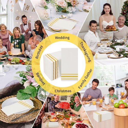 100 Pack Paper Napkins Disposable Guest Towels Gold Lined Elegant Dinner Napkins 2-ply Party Napkins Guest Disposable Soft & Absorbent Paper Hand Towels for Bathroom Kitchen Wedding Party Dinner Event